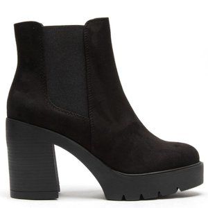 New Black Faux Suede Chelsea Elastic Platform Chunky Heel Ankle Boots Booties